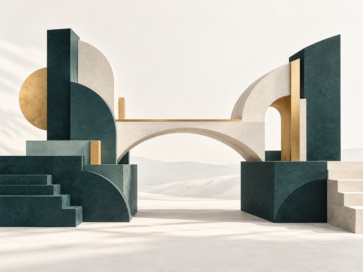 Abstract illustration of a bridge joining architectural forms in teal, ivory, and gold.