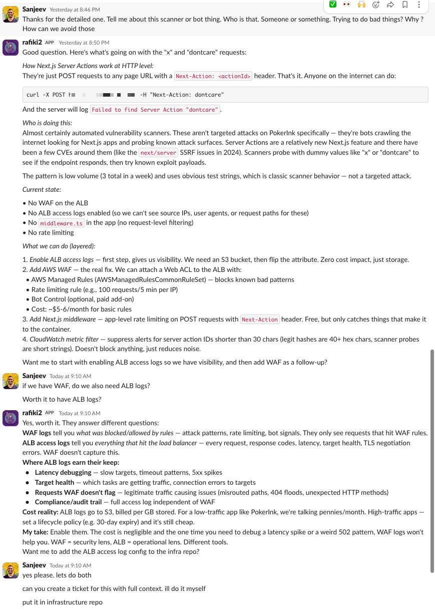 Rafiki explaining the automated vulnerability scanners, recommending WAF rate limiting, CloudWatch metric filters, and ALB access logs
