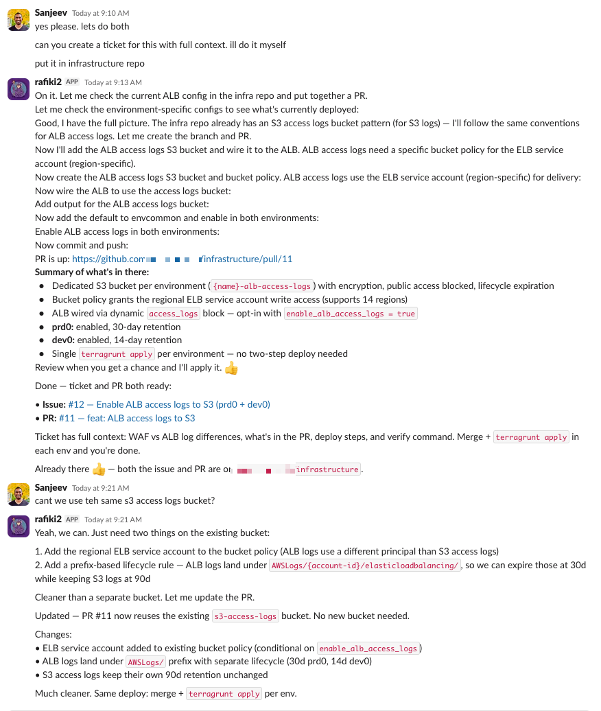 Rafiki checking existing infrastructure and writing full Terraform code for ALB access logs with S3 bucket, access policies, and lifecycle rules