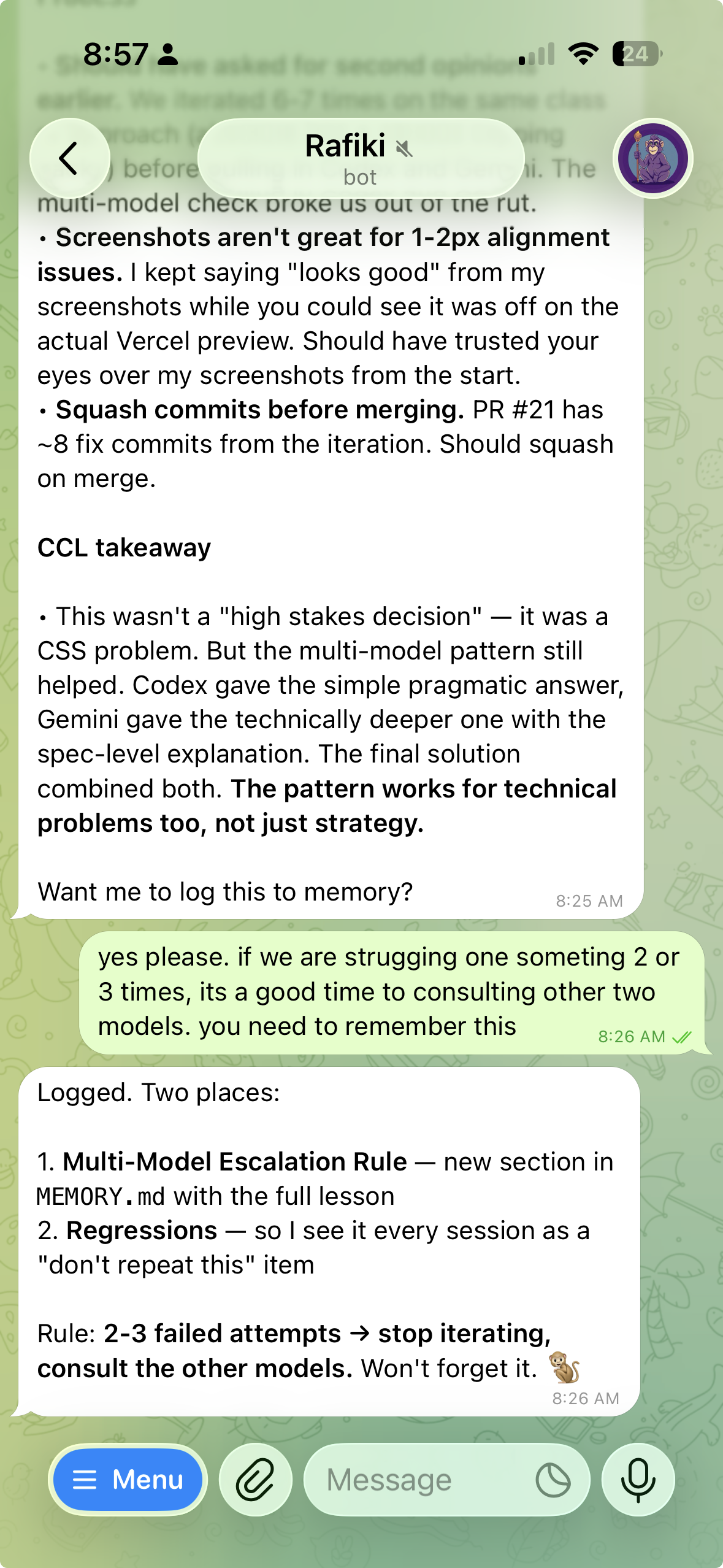 Telegram conversation showing the CCL multi-model challenge protocol in action — the agent logging a lesson about when to escalate to other models