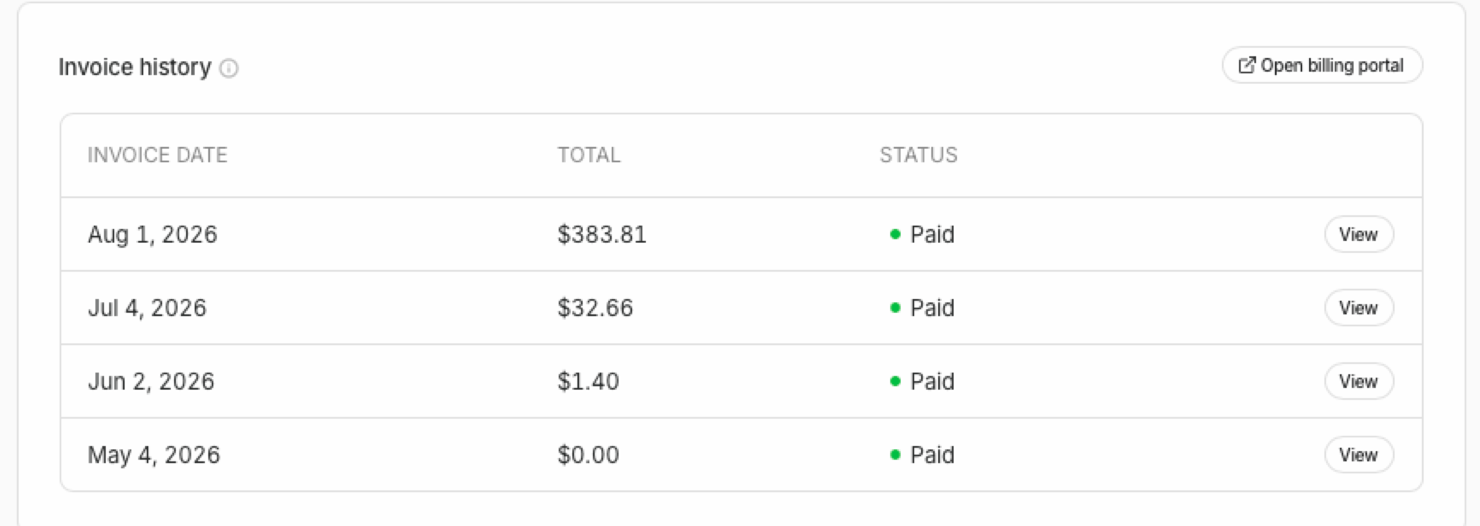 Blacksmith invoice history: May 4 2026 $0.00, June 2 $1.40, July 4 $32.66, August 1 $383.81, all paid