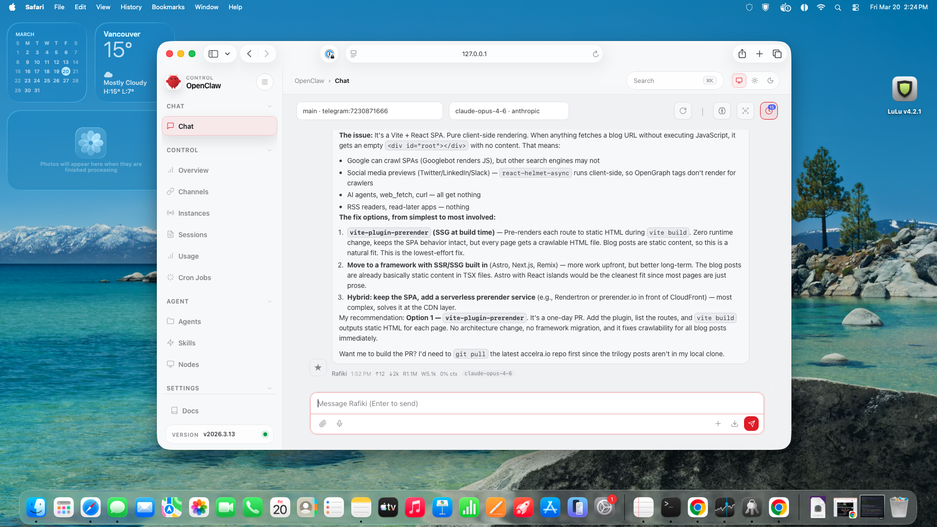 The OpenClaw control panel running on a Mac mini — Rafiki analyzing a real technical problem, diagnosing that our Vite + React SPA returns empty HTML to crawlers, and recommending prerender solutions with specific trade-offs
