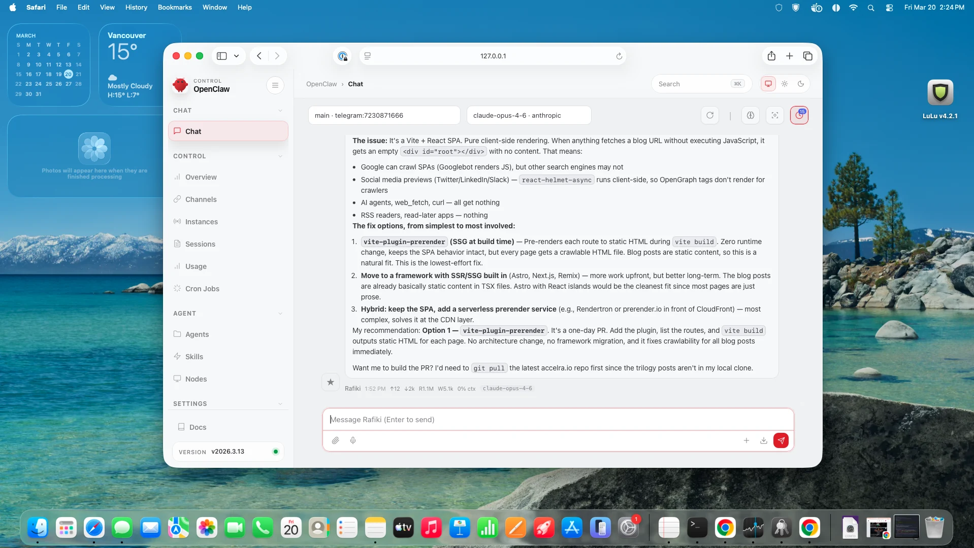 The OpenClaw control panel running on a Mac mini — Rafiki analyzing a real technical problem, diagnosing that our Vite + React SPA returns empty HTML to crawlers, and recommending prerender solutions with specific trade-offs