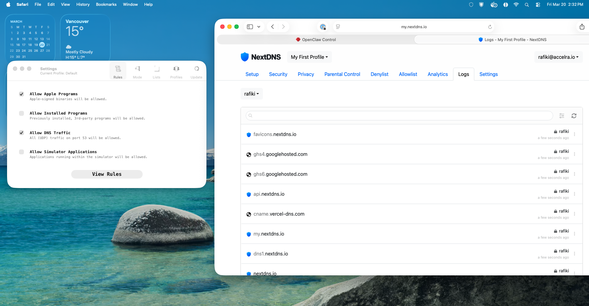 LuLu per-process outbound firewall and NextDNS DNS logging running on the agent's Mac mini — showing exactly which processes talk to the network and which domains they resolve
