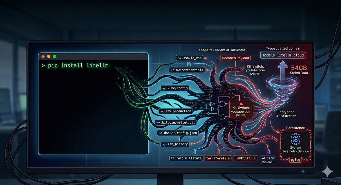 Diagram of the LiteLLM supply chain attack: pip install litellm triggers a credential harvester that steals SSH keys, AWS credentials, Kubernetes configs, .env files, crypto wallets, and shell history — encrypts them and exfiltrates 54GB to a typosquatted domain, while installing a persistent backdoor disguised as a system telemetry service