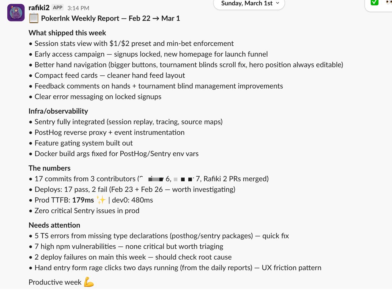 PokerInk weekly report summary showing shipped features, infra updates, metrics, and issues needing attention
