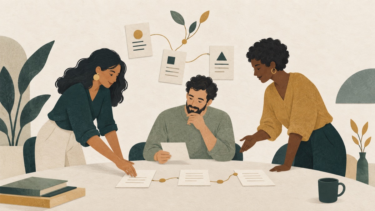 Conceptual illustration of three colleagues shaping a shared workflow together